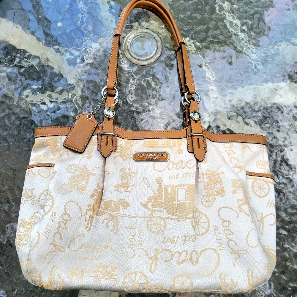 Coach Horse & Carriage East West Tote in Khaki White